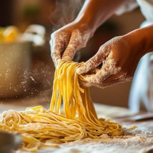 “Guests making handmade pasta during cooking class in Montepulciano Tuscany”